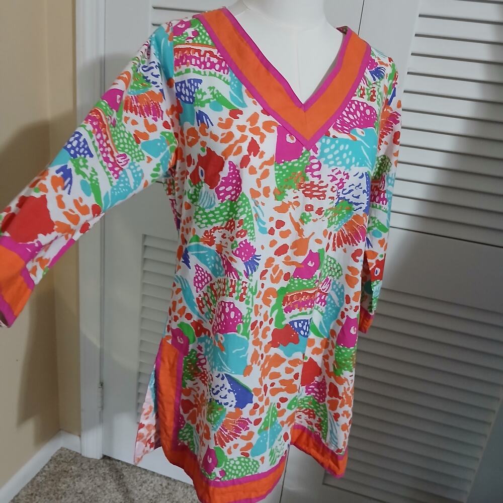 Gretchen Scott XS Bright Colors Tropical Fish 100% Cotton 3/4-Sleeve Tunic